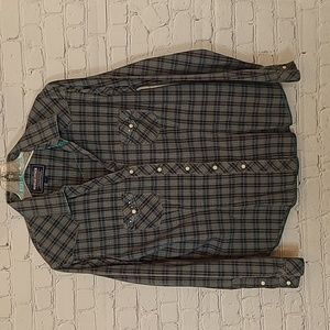 Women's size Large Cowgirl Wester Pearl Snap Rhinestone Black Green Plaid Shirt